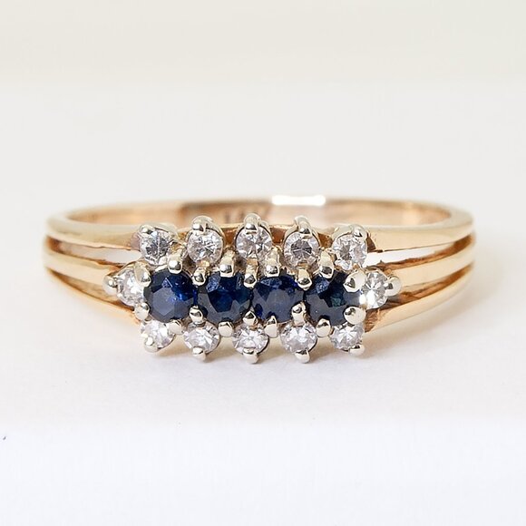 Vintage 14kt Yellow Gold Blue Sapphire Diamond Ring, Elegant Dinner Ring Sz 8 - Picture 4 of 9